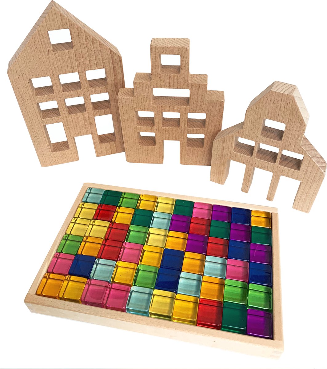 acryl transparante bouwblokken 60st+3 houten huis set|Educatief sensorisch licht Leren speelgoed, Montessori sensorische set